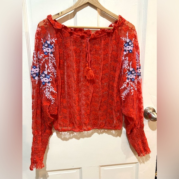 Free People Embroidered Orange Lace Blouse Sheer Boho Floral Hippie Festival - Picture 6 of 15